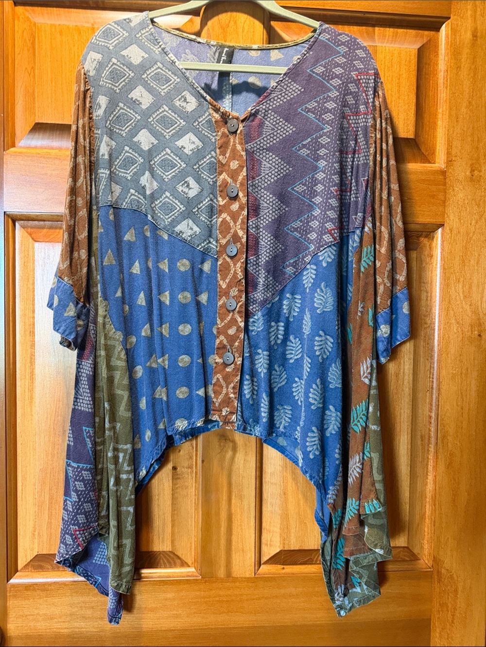 Sacred Threads Blue & Brown Patchwork Button-Front Tunic